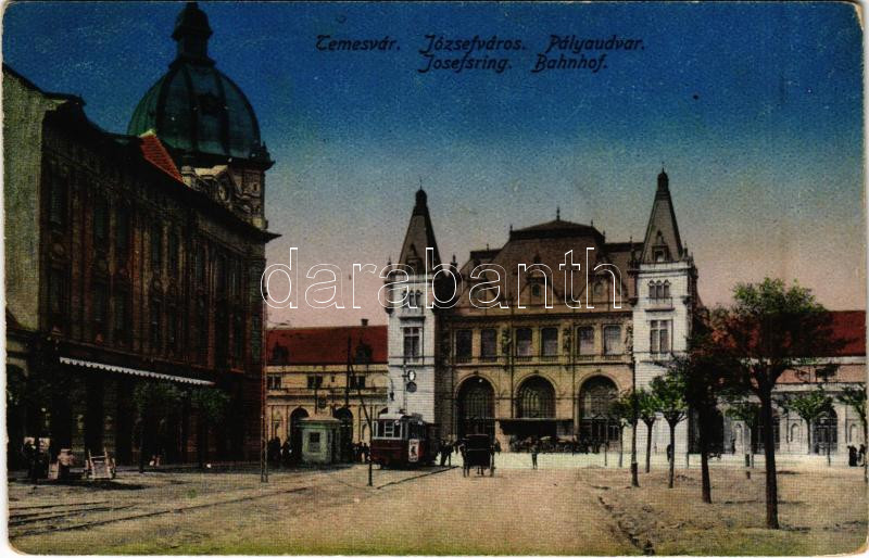 Temesvár, Timisoara; Józsefvárosi vasútállomás, villamos / Iosefin railway station, tram (kopott sarkak / worn corners)