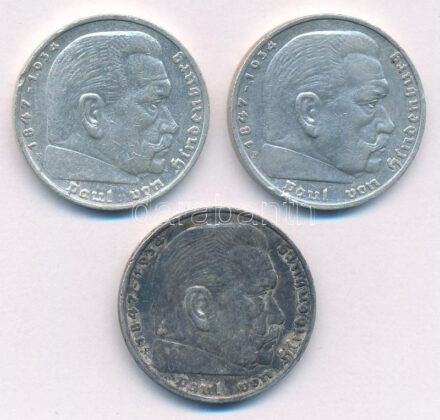 Német Harmadik Birodalom 1935F 5M Ag 'Hindenburg' T:2 patina, ph. patina German Third Reich 1935F 5 Reichsmark Ag 'Hindenburg' C:XF patina, edge error Krause KM# 86