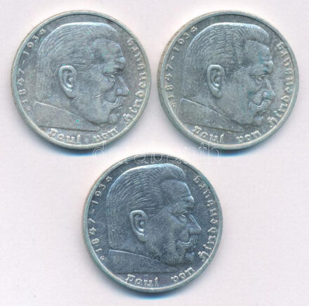 Német Harmadik Birodalom 1935G 5M Ag 'Hindenburg' (3x) T:2 patina German Third Reich 1935G 5 Reichsmark Ag 'Hindenburg' (3x) C:XF Krause KM#86