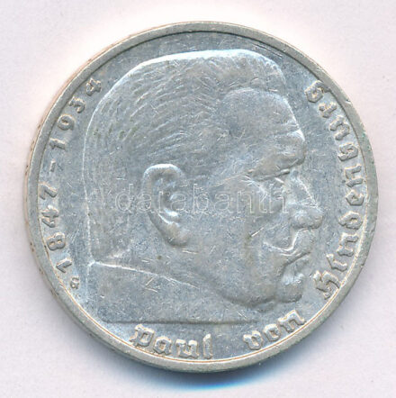 Német Harmadik Birodalom 1935G 5M Ag 'Hindenburg' T:2 patina German Third Reich 1935G 5 Reichsmark Ag 'Hindenburg' C:XF Krause KM#86