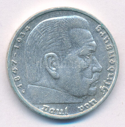 Német Harmadik Birodalom 1935G 5M Ag 'Hindenburg' T:2 patina German Third Reich 1935G 5 Reichsmark Ag 'Hindenburg' C:XF Krause KM#86