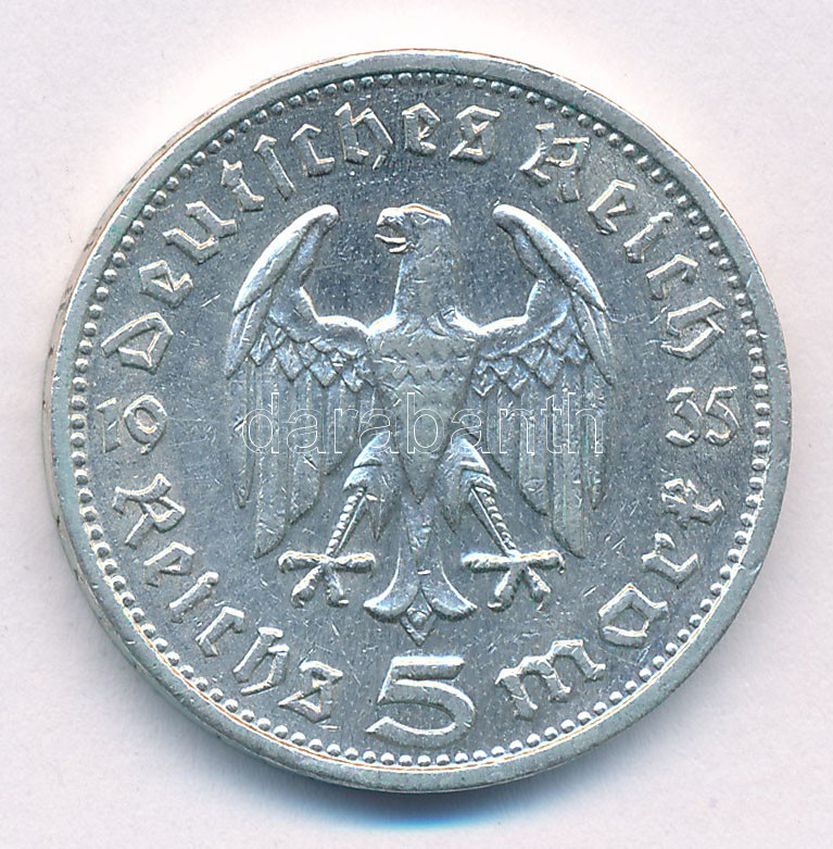 Német Harmadik Birodalom 1935G 5M Ag 'Hindenburg' T:2 patina German Third Reich 1935G 5 Reichsmark Ag 'Hindenburg' C:XF Krause KM#86 - Image 2