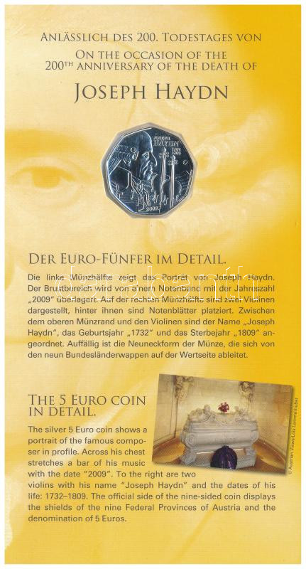 Ausztria 2009. 5E Ag 'Joseph Haydn' karton díszlapon T:BU Austria 2009. 5 Euro Ag 'Joseph Haydn' on cardboard display sheet C:BU Krause KM#3170