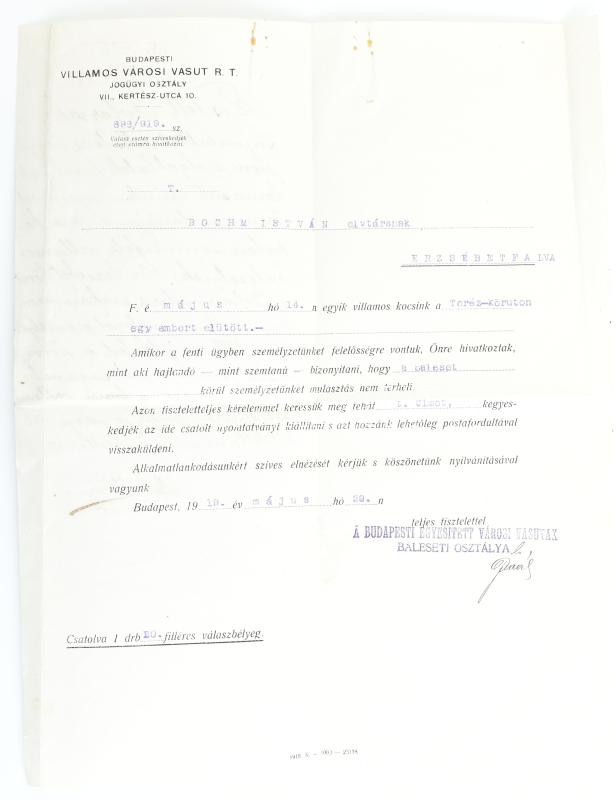 1919 Budapesti Villamos Városi Vasút Rt. dokumentuma elütött emberről