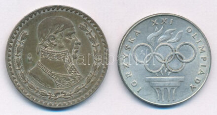Mexikó 1958. 1P Ag 'Jose Morelos' + Lengyelország 1976. 200Zl Ag 'XXI. Olimpia' T:2-,2 patina Mexico 1958. 1 Peso Ag 'Jose Morelos' + Poland 1976. 200 Zlotych Ag 'XXI Olympics' C:VF,XF patina Krause KM#459, Y#86