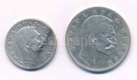 Szerbia 1912. 1D Ag 'I. Péter' + 1915. 50p Ag 'I. Péter' T:2 patina Serbia 1912. 1 Dinara Ag 'Petar I' + 1915. 50 Para Ag 'Peter I' C:XF patina