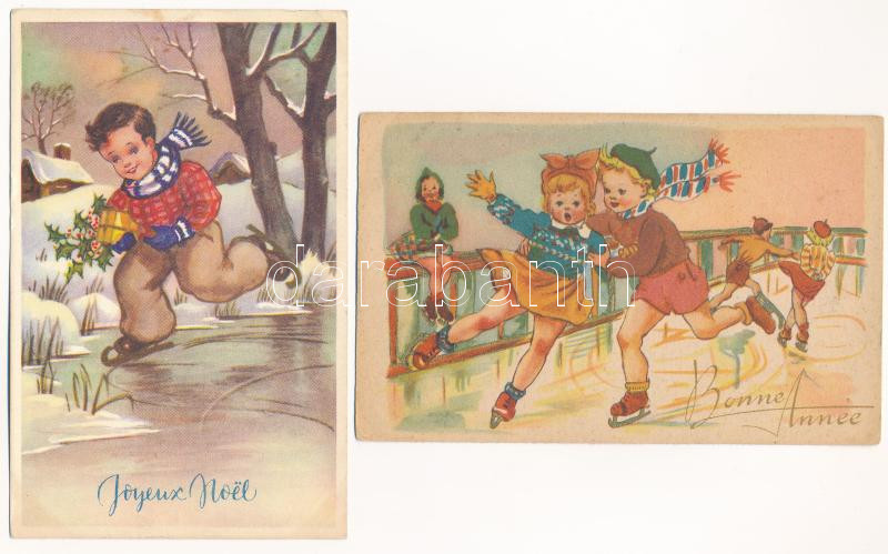 2 db RÉGI téli sport képeslap: korcsolyázó gyerekek / 2 pre-1950 winter sport postcards: ice skating children