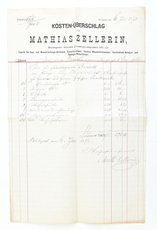 1875 Budapest, 'Kostenüberschlag von Mathias Zellerin', fejléces számla