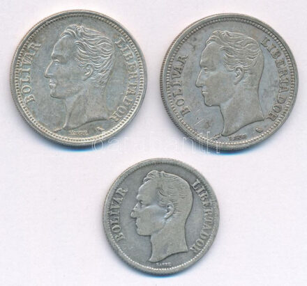 Venezuela 1954. 1B Ag + 1960. 2B Ag + 1965. 2B Ag T:2,2- kis patina Venezuela 1954. 1 Bolivar + 1960. 2 Bolivares Ag + 1965. 2 Bolivares C:XF,VF small patina