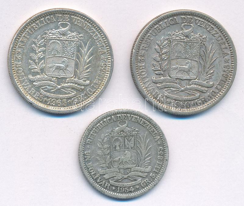 Venezuela 1954. 1B Ag + 1960. 2B Ag + 1965. 2B Ag T:2,2- kis patina Venezuela 1954. 1 Bolivar + 1960. 2 Bolivares Ag + 1965. 2 Bolivares C:XF,VF small patina - Image 2