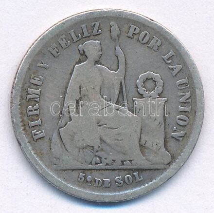 Peru 1866YB 1/5S Ag T:3 Peru 1866YB 1/5 Sol Ag C:F Krause KM#191