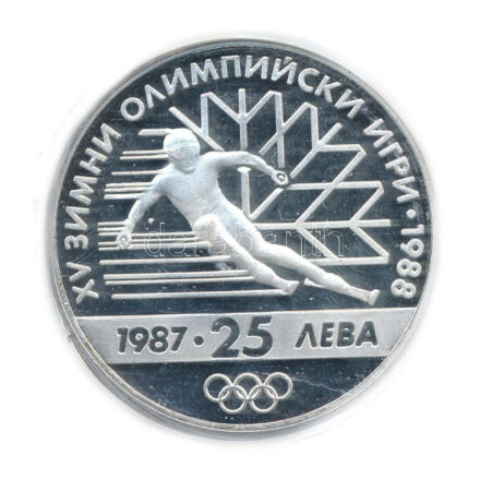Bulgária 1987. 25L Ag 'Téli olimpia-síelés' (23,37g/925/38mm) T:PP fo Bulgaria 1987. 25 Leva Ag 'Winter Olympics - Skiing' (23,37g/925/38mm) C:PP spotted