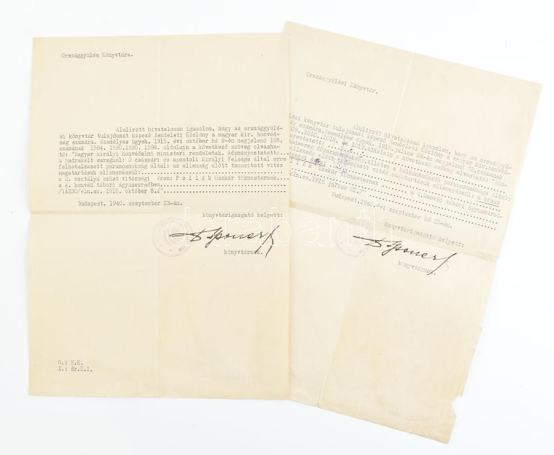 1940 Bp., Az Országgyűlés Könyvtára által kiállított 2 db igazolás