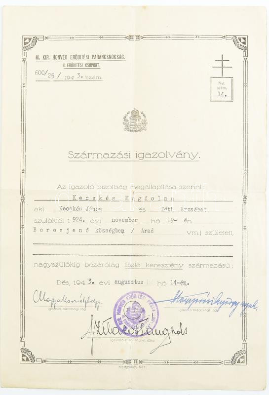 1943 Dés, M. Kir. Honvéd Erődítési Parancsnokság II. erődítési csoport származási igazolvány