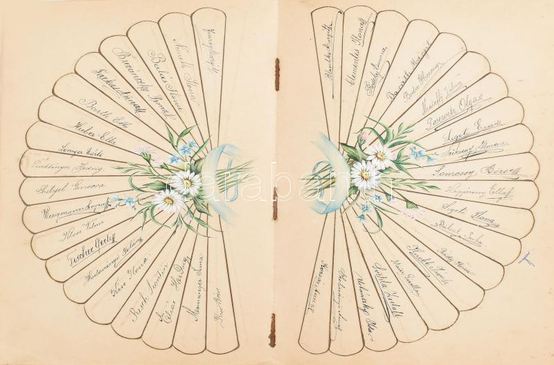 cca 1897-1903 Régi emlékkönyv, sok bejegyzéssel, néhány rajzzal. Díszes bársonykötésben, bakelit borítóval, aranyozott lapélekkel. - Image 2