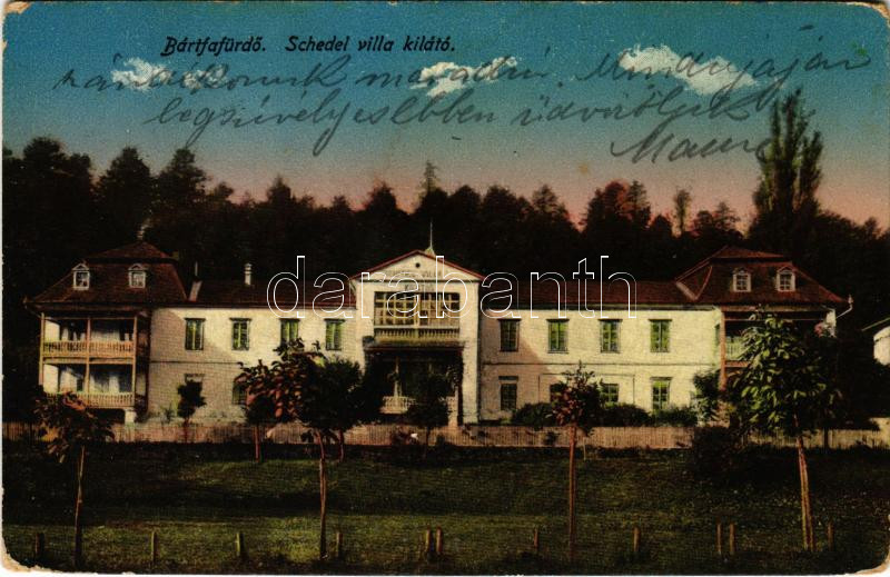 1918 Bártfa, Bártfafürdő, Bardejovské Kúpele, Bardiov, Bardejov; Schedel villa kilátó. Rosenfeld Salamon kiadása / villa, spa (kopott sarkak / worn corners)
