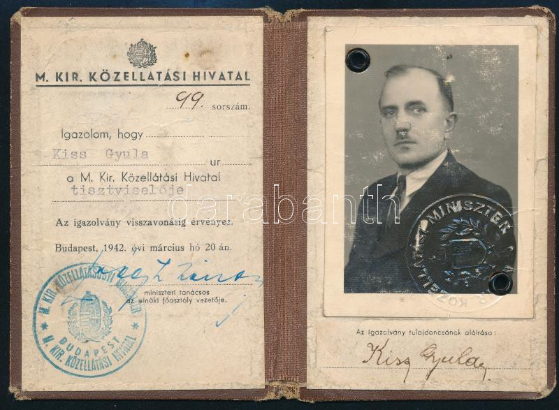 1942 M. Kir. Közellátási Hivatal fényképes igazolvány, kissé viseltes