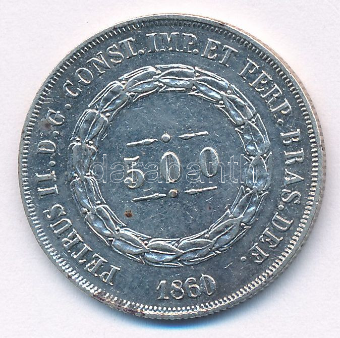 Brazília 1860. 500R Ag T:1- kis patina Brazil 1860. 500 Reis Ag C:AU small patina Krause KM# 464 - Image 2