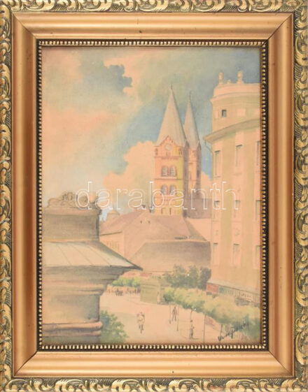 Mednyánszky jelzéssel. Nyíregyházi római katolikus templom. Akvarell, papír. 40x30 cm. Dekoratív, üvegezett fakeretben.