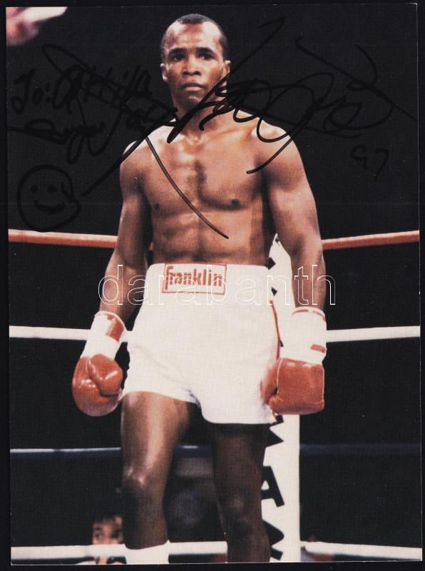'Sugar' Ray Leonard (1956-) profi bokszoló aláírása fotón