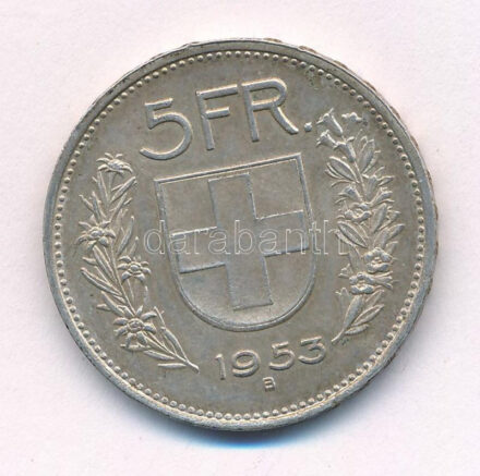 Svájc 1953B 5Fr Ag T:2 patina Switzerland 1953B 5 Francs Ag C:XF patina Krause KM#40