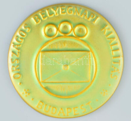 'Országos Bélyegnapi Kiállítás - Budapest' eozin mázas Zsolnay porcelán emlékplakett, apró kopásnyomokkal, jelzett, d: 10 cm