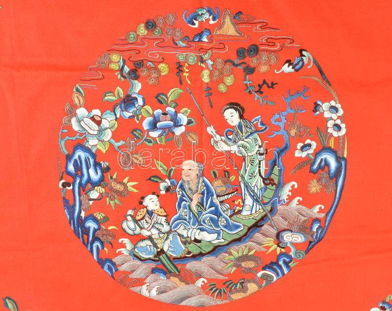 Kínai hímzett selyem falikép, jelzés nélkül, XX. sz. / Chinese embroidered silk picture, 20th century. Unsigned. 95x90 cm - Image 2