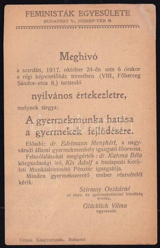 1917 Meghívó gyermekmunkáról szóló értekezletre