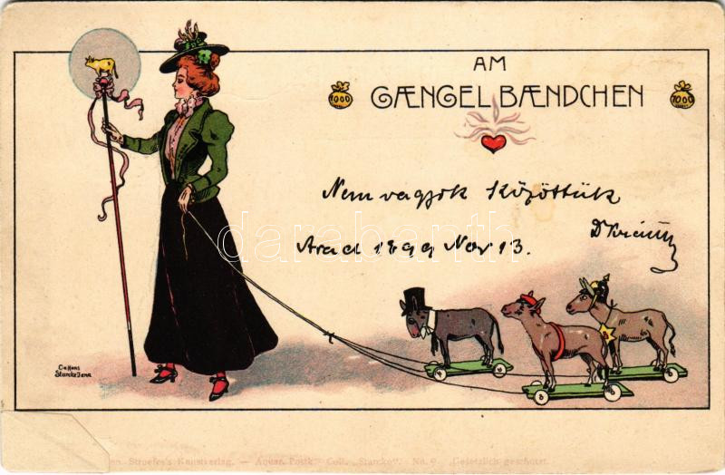 1899 (Vorläufer) Am Gängel Bändchen. Theo. Stroefer's Kunstverlag Aquar. Postk. Coll. Starcke No. 9. litho s: Hans Starcke (r)