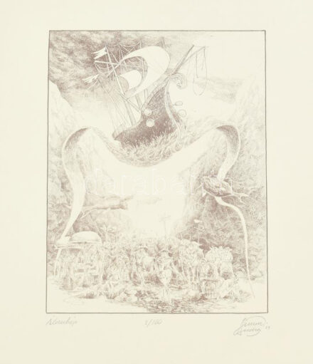 Simon András (1958-): Álomkép, ofszet, papír, jelzett és számozott, 3/100 Üveg klipsz keretben 16x22 cm