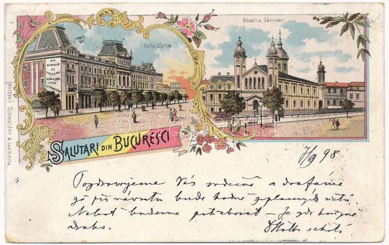 1898 (Vorläufer) Bucharest, Bukarest, Bucuresti, Bucuresci; Baile Eforie, Biserica Sarindar / bath, church and monastery. Schneider & Lux Art Nouveau, floral, litho (EB)