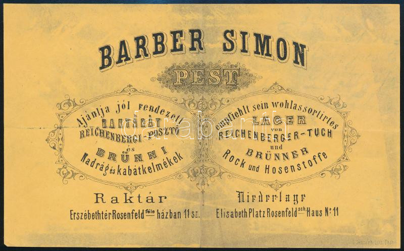 1870 Pest, Erzsébet tér 11. sz. Barber Simon posztó, nadrág, stb. raktár kétoldalas számla, 2 db okmánybélyeggel