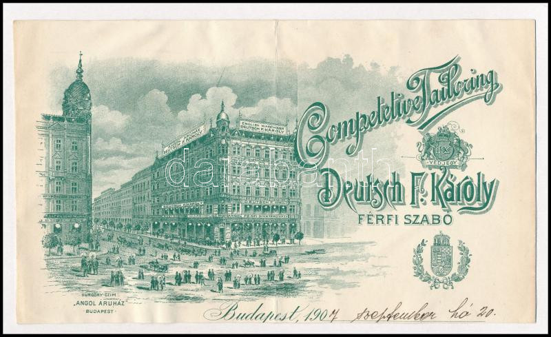 1907 Bp., Deutsch F. Károly férfiszabó számlájának fejléces, kartonra ragasztva