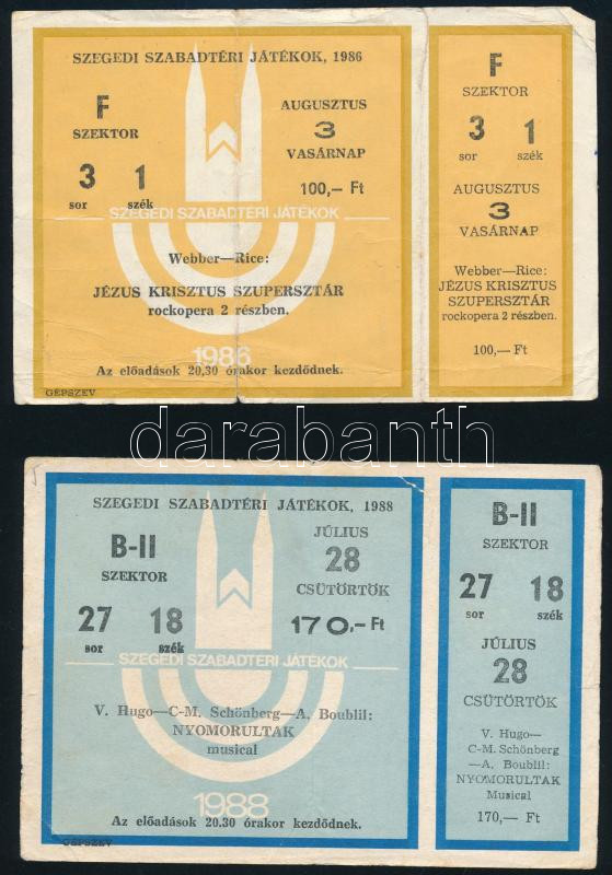 1986-88 Szegedi Szabadtéri Játékok, 2 db belépőjegy, hajtásnyomokkal