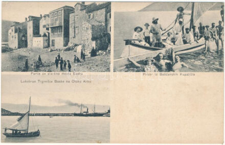 Baska, Bescanuova (Krk, Veglia); Partie ze staréno mesta Baska, Prizor iz Bascanskih Kupalista, Lukobran Trgovista Baske na Otoku Krk / óváros, strand, fürdőzők vitorlással, hullámtörő gát, gőzhajó / old town, beach, bathers with