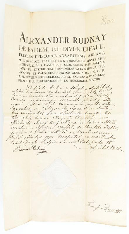1810 Rudnay Sándor esztergomi érsek autográf aláírással ellátott okmánya érseki szárazpecséttel.