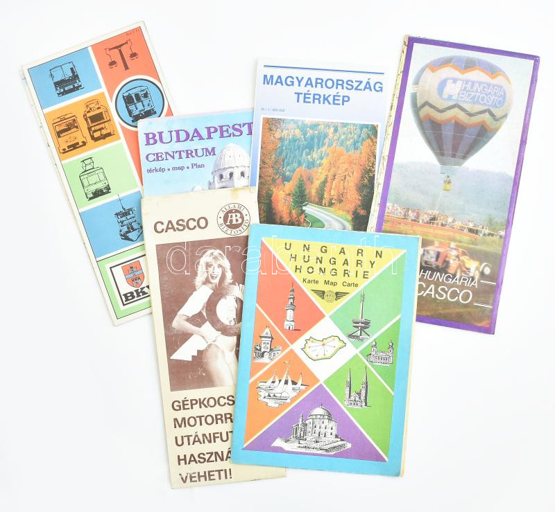 1970-2000 6 db retro Budapest és Magyarország térkép, közte BKV vonalhálózati térképe (1978).