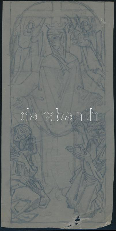 Muhits Sándor (1882-1956): Szent Erzsébet (?). Ceruza, pauszpapír, jelzés nélkül, sérült. Feltehetően üvegablak- vagy freskóterv. 26×13 cm.