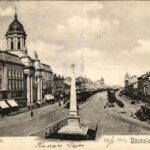 1904 Arad, Andrássy tér, Szentháromság szobor, városi vasút, vonat, üzletek / square, Holy Trinity statue, urban railway, train, shops (fl)