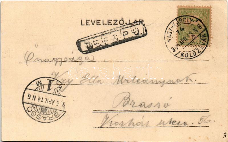 1905 Dés, Dej; M. kir. Törvényház / court + 'NAGY-KÁROLY - KOLOZSVÁR 74. SZ.' vasúti mozgóposta bélyegző (EK) - Image 2