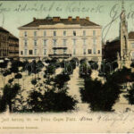 1904 Temesvár, Timisoara; Jenő herceg tér, emlékmű, Temesi Agrár Takarékpénztár, Uhrmann Henrik üzlete. Polatsek kiadása / square, monument, savings bank, shops (EK)