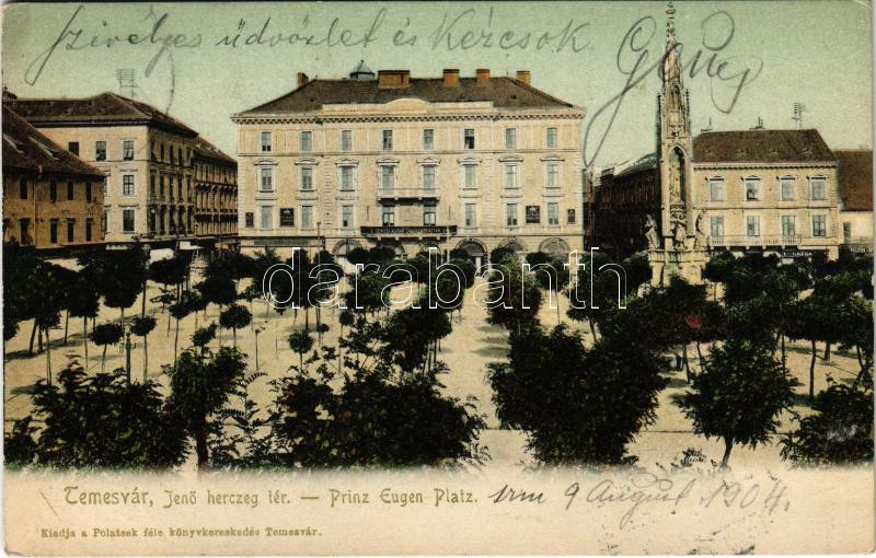 1904 Temesvár, Timisoara; Jenő herceg tér, emlékmű, Temesi Agrár Takarékpénztár, Uhrmann Henrik üzlete. Polatsek kiadása / square, monument, savings bank, shops (EK)