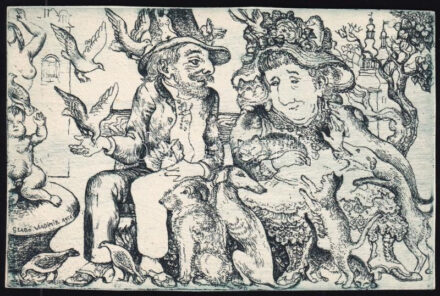 Szabó Vladimír (1905-1991): Kedvenceit etető pár. rézkarc, papír, jelzett a dúcon, 10x15 cm