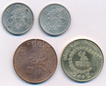 Japán 1964. 100Y Ag 'Tokio Olimpia' (2x) + Németország 1997. 1,1/2E 'Európa-hét' + Franciaország 2002. 1/4E 'Gyerek Euro Design' T:1- patina Japan 1964. 100 Yen Ag 'Tokyo Olympics' (2x) + Germany 1997. 1,1/2 Euro 'Europawoche' + France 2002.