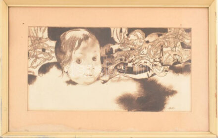 Szász Endre (1926-2003): Gyerek a tájban. Rézkarc, papír, jelzett a karcon, Üvegezett keretben, keret szélén lepattogás. 20x43 cm 'Festő, grafikus, Munkácsy-díjas. Gyerekkora óta rajzol, korán elhatározta, hogy festő lesz.