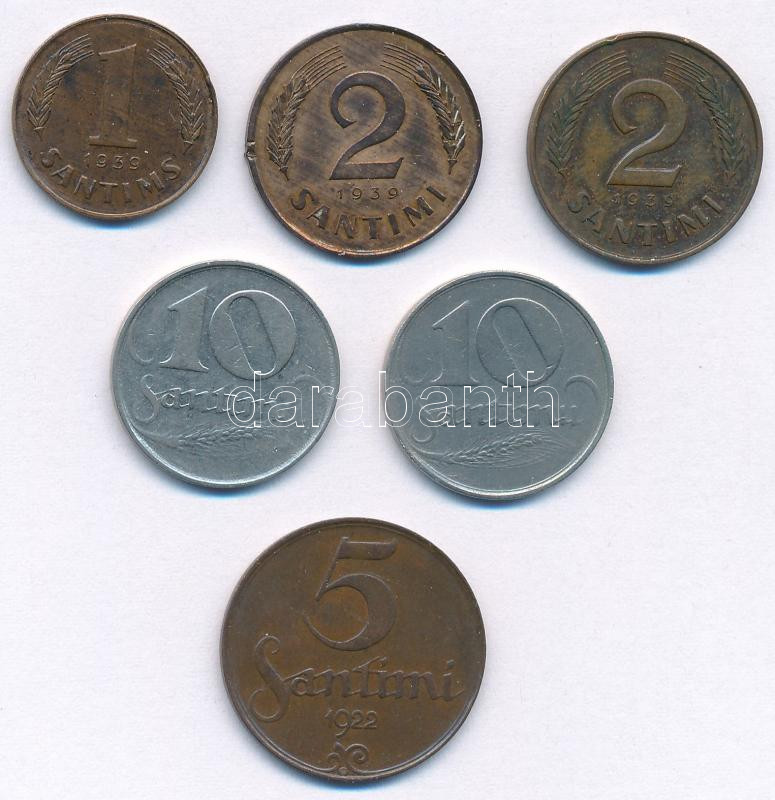 Lettország 1922. 5s bronz + 10s Ni (2db) + 1939. 1s bronz + 2s bronz (2db) T:2,2- ph. Latvia 1922. 5 Santimi bronze + 10 Santimu Ni (2pcs) + 1939. 1 Santims bronze + 2 Santims bronze (2pcs) C:XF,VF