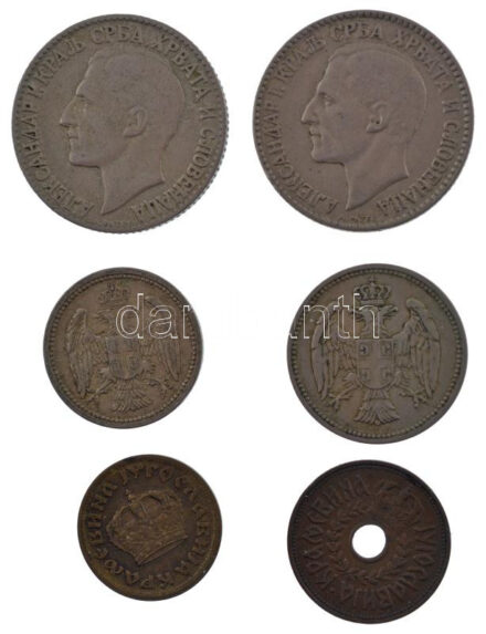 Szerbia 1883. 20p Cu-Ni + 1884. 10p Cu-Ni + Jugoszlávia 1925. 2D Cu-Ni 'I. Sándor' (2db) + 1938. 25p bronz + 50p Al-bronz T:2,2- Serbia 1883. 20 Para Cu-Ni + 1884. 10 Para Cu-Ni + Yugoslavia 1925. 2 Dinara Cu-Ni 'Aleksandar I' (2pcs) + 1938. 25