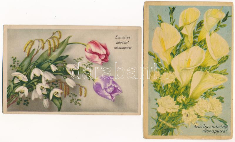 22 db VEGYES népnapi üdvözlő képeslap vegyes minőségben / 22 modern Name Day greeting motive postcards in mixed quality