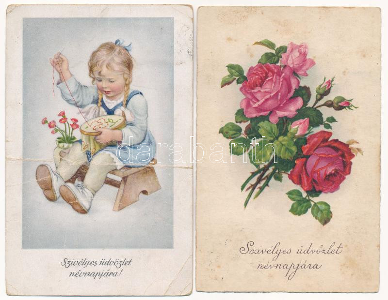 22 db VEGYES népnapi üdvözlő képeslap vegyes minőségben / 22 modern Name Day greeting motive postcards in mixed quality - Image 2