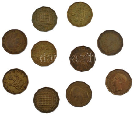Nagy-Britannia 1937-1967. 3p Ni-sárgaréz 'V. György' II. Erzsébet' (10db, 9xklf) T:2,2- United Kingdom 1937-1967. 3 Pence Ni-brass 'George V' Elizabeth II' (10pcs, 9xdiff) C:XF,VF